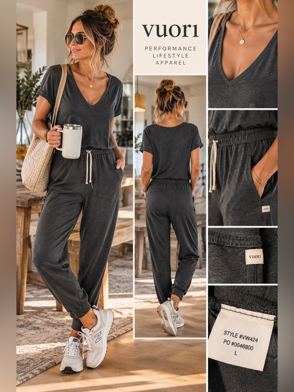 Vuori Women’s V-Neck Drawstring Jogger Jumpsuit Charcoal Size Larg